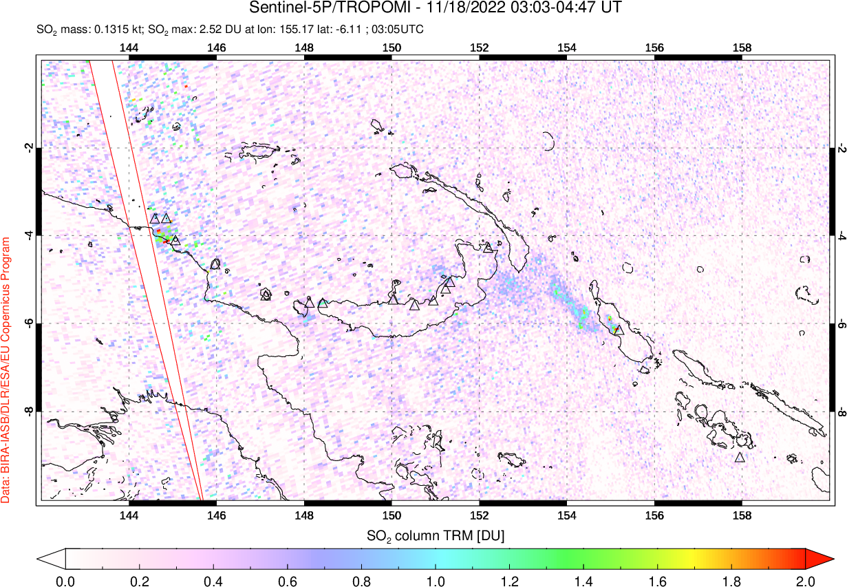 A sulfur dioxide image over Papua, New Guinea on Nov 18, 2022.