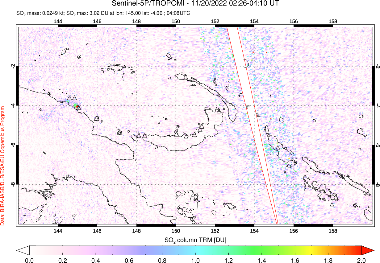 A sulfur dioxide image over Papua, New Guinea on Nov 20, 2022.