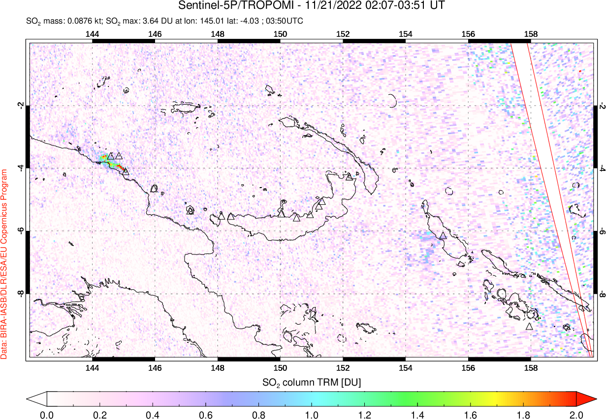 A sulfur dioxide image over Papua, New Guinea on Nov 21, 2022.
