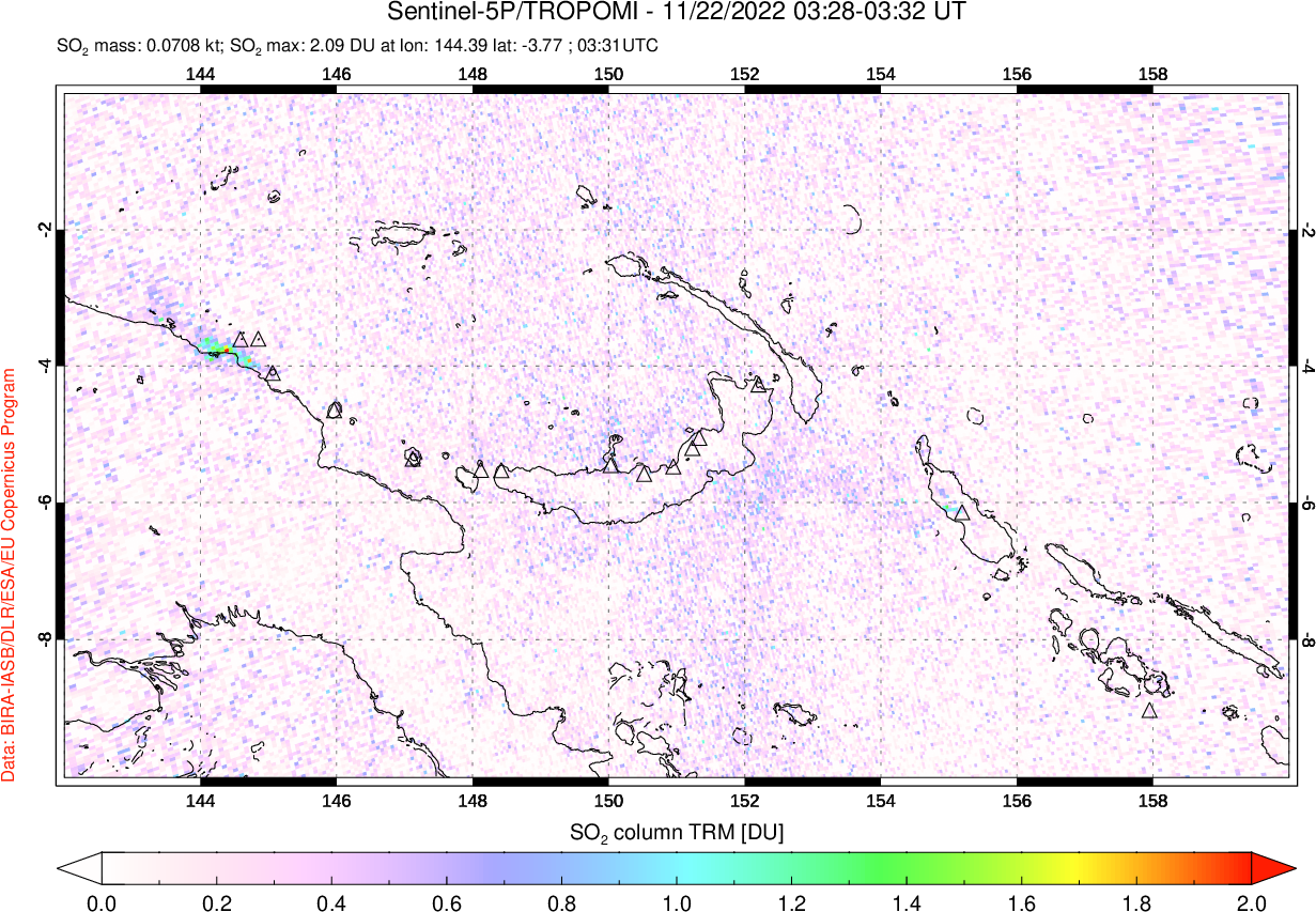 A sulfur dioxide image over Papua, New Guinea on Nov 22, 2022.