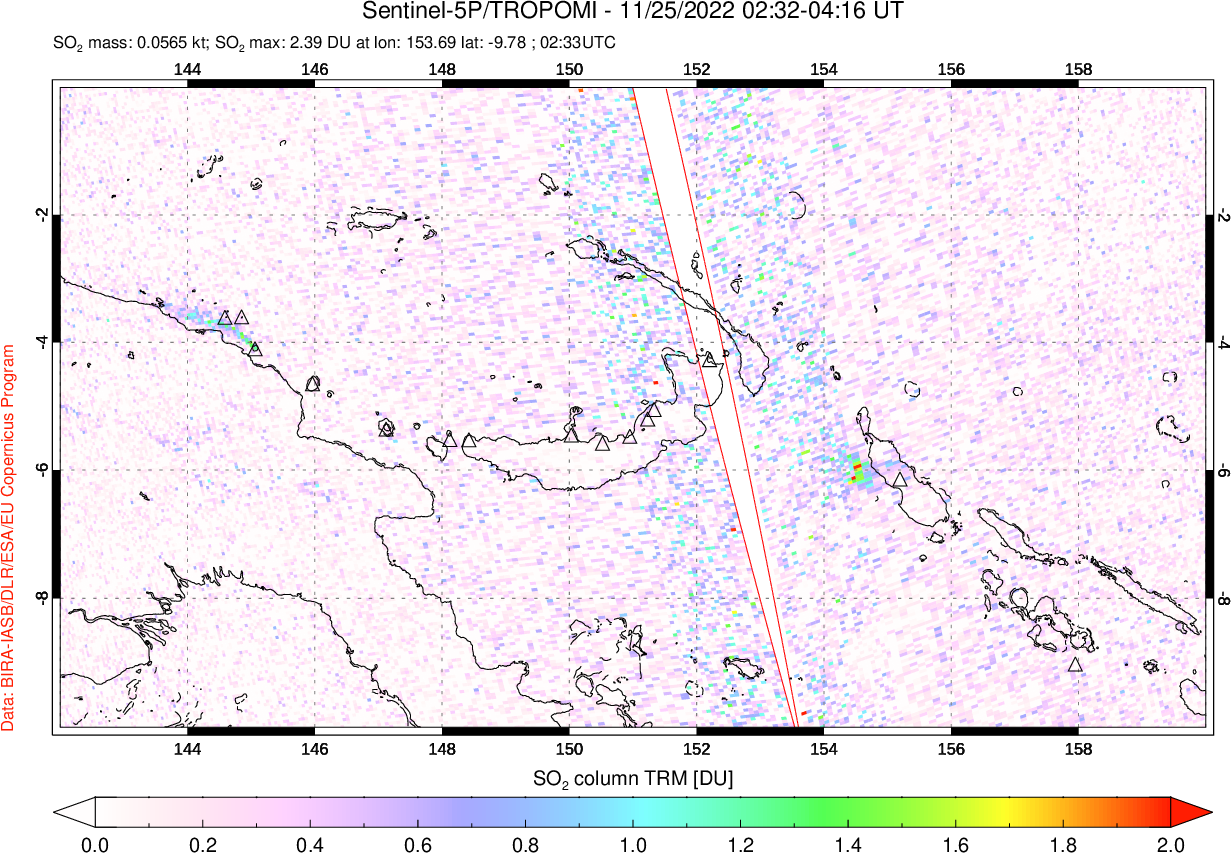 A sulfur dioxide image over Papua, New Guinea on Nov 25, 2022.