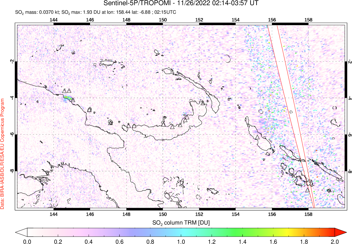 A sulfur dioxide image over Papua, New Guinea on Nov 26, 2022.