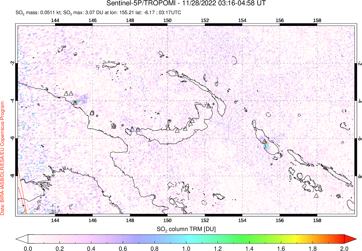 A sulfur dioxide image over Papua, New Guinea on Nov 28, 2022.