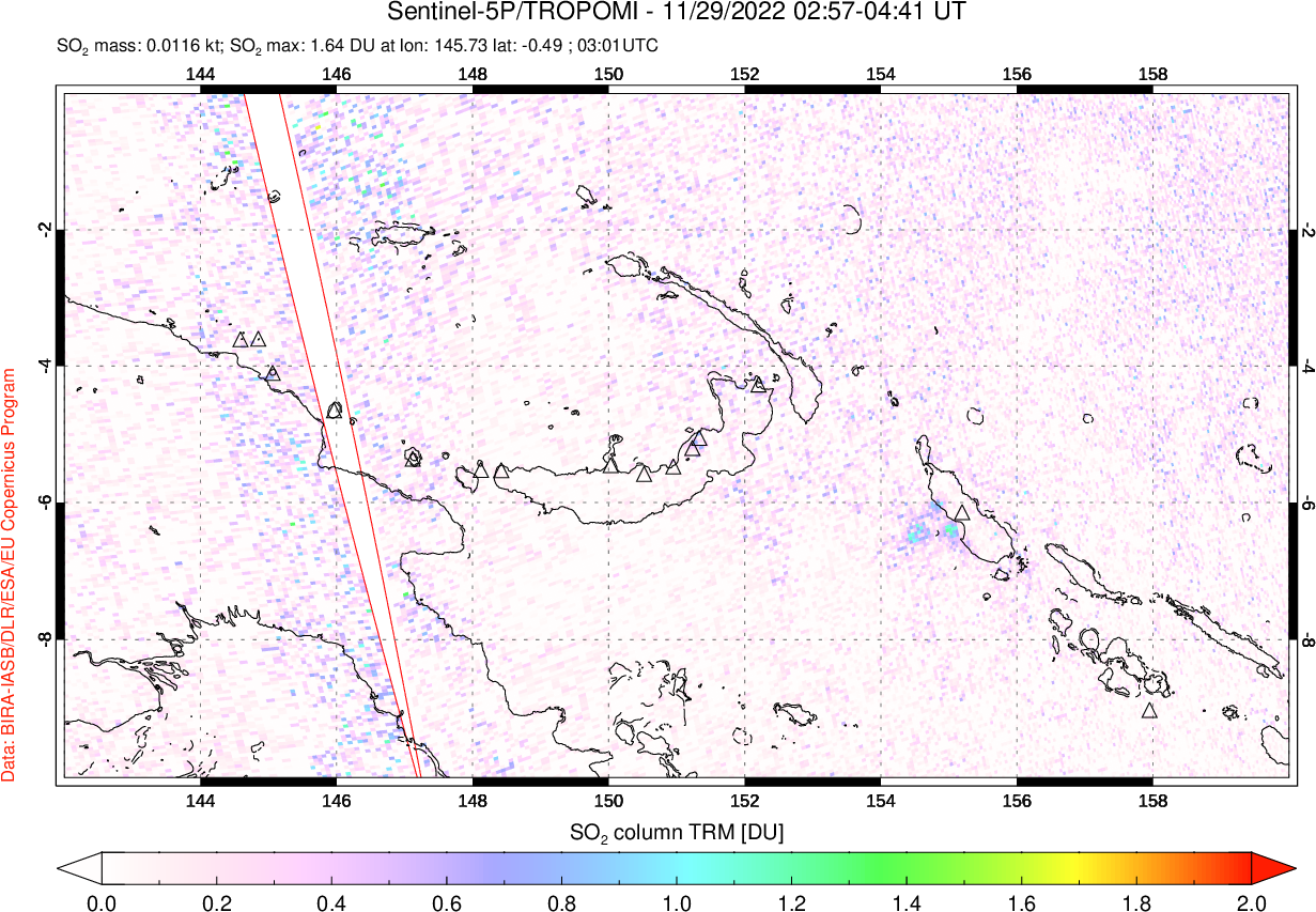 A sulfur dioxide image over Papua, New Guinea on Nov 29, 2022.
