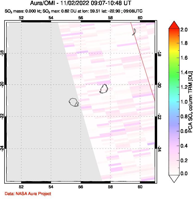 A sulfur dioxide image over Reunion Island, Indian Ocean on Nov 02, 2022.