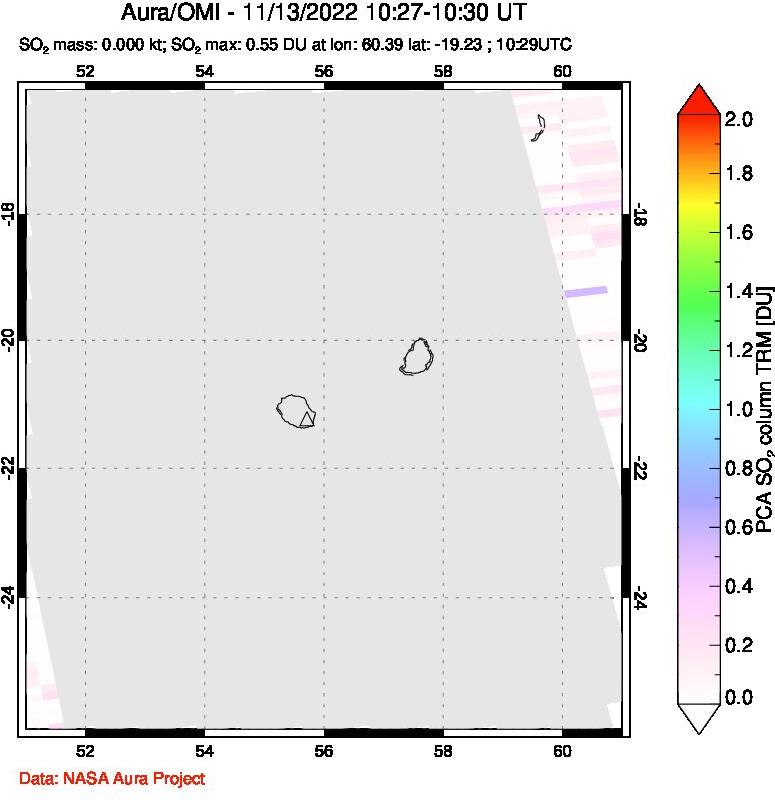 A sulfur dioxide image over Reunion Island, Indian Ocean on Nov 13, 2022.
