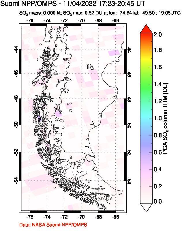 A sulfur dioxide image over Southern Chile on Nov 04, 2022.