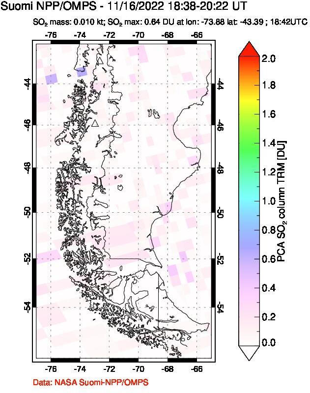 A sulfur dioxide image over Southern Chile on Nov 16, 2022.