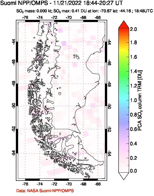 A sulfur dioxide image over Southern Chile on Nov 21, 2022.