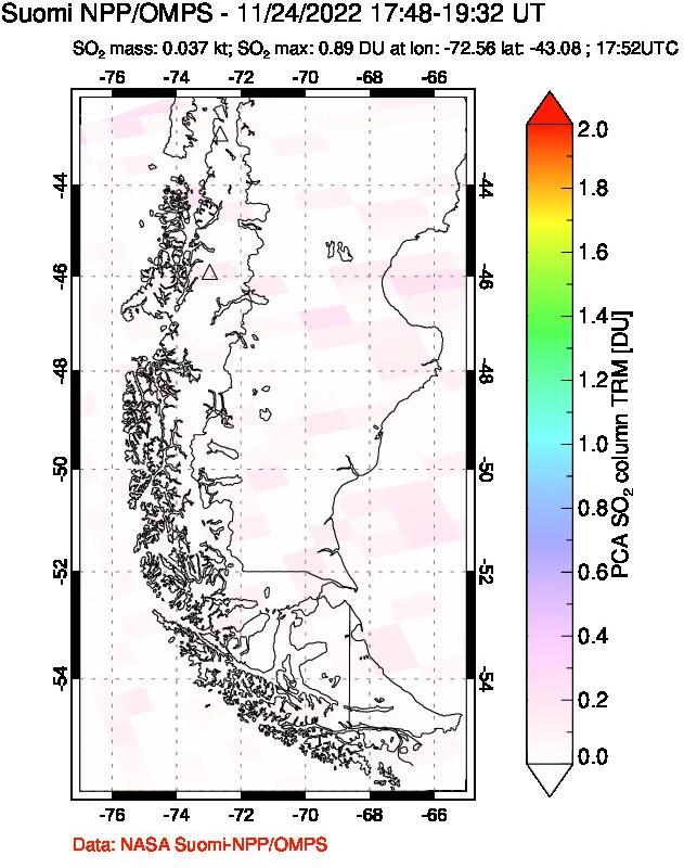 A sulfur dioxide image over Southern Chile on Nov 24, 2022.