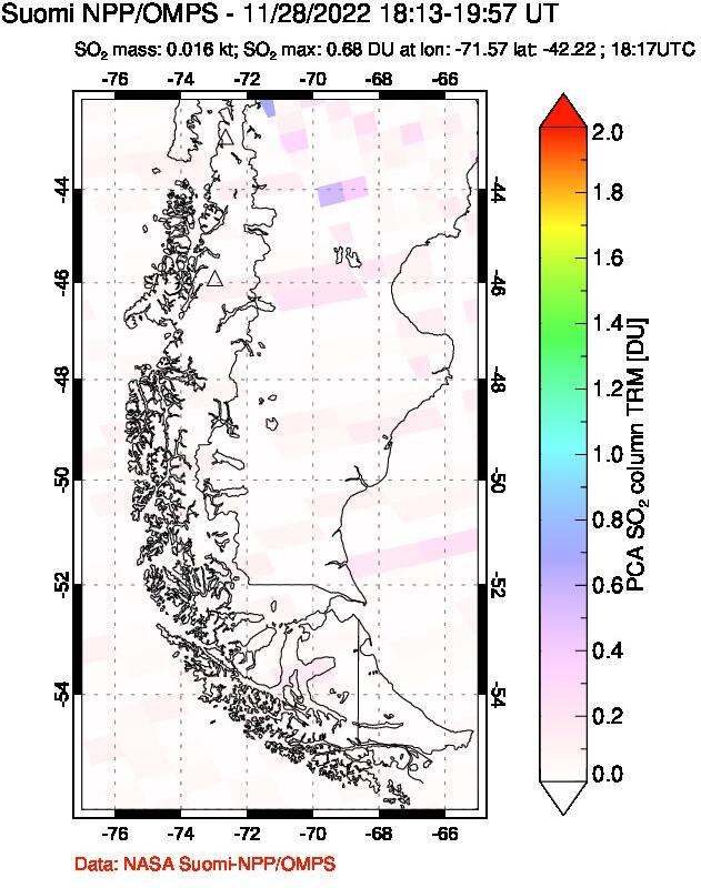 A sulfur dioxide image over Southern Chile on Nov 28, 2022.