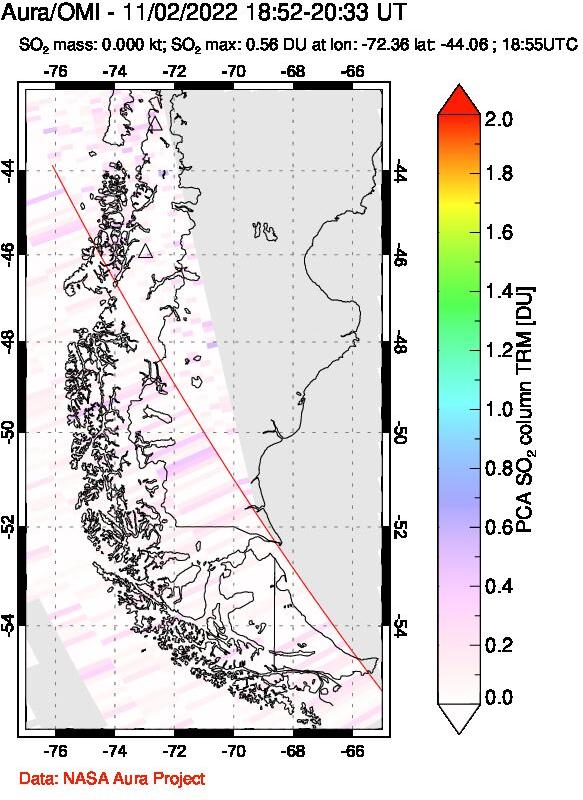 A sulfur dioxide image over Southern Chile on Nov 02, 2022.