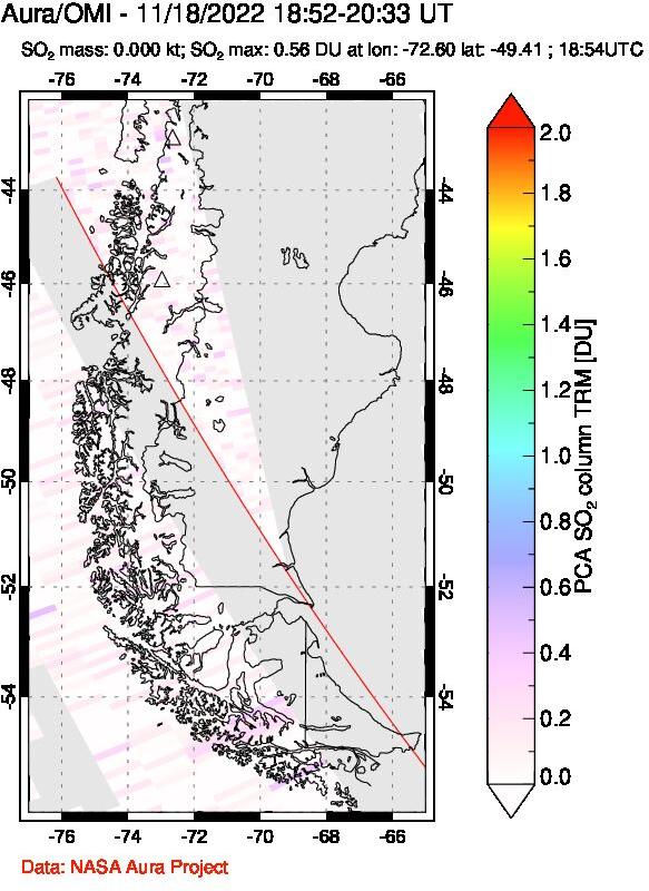 A sulfur dioxide image over Southern Chile on Nov 18, 2022.