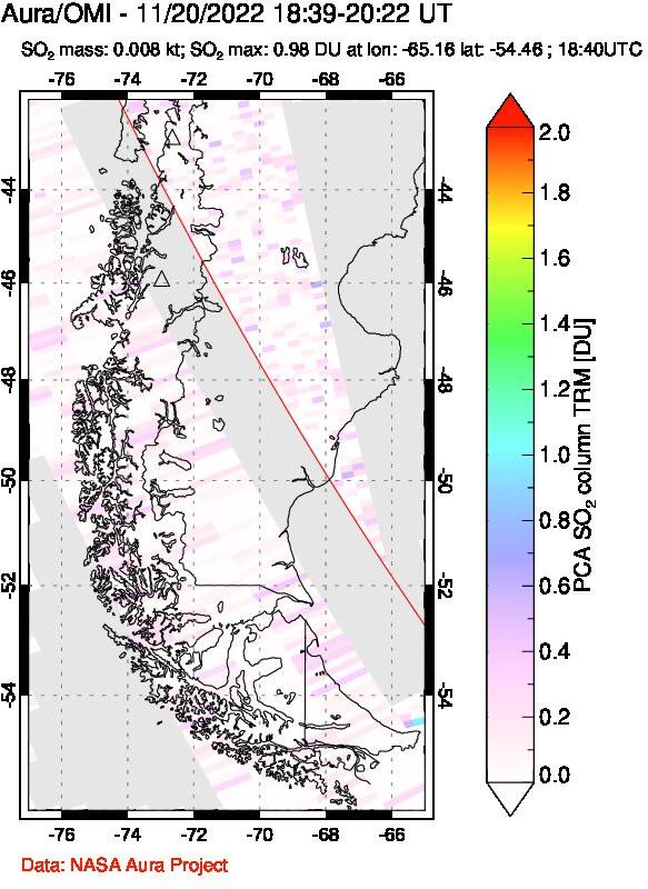 A sulfur dioxide image over Southern Chile on Nov 20, 2022.