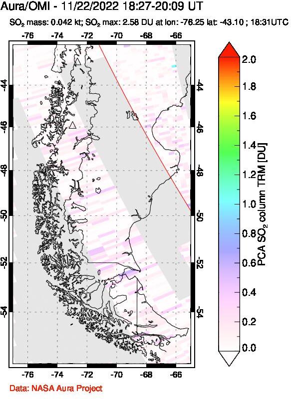 A sulfur dioxide image over Southern Chile on Nov 22, 2022.