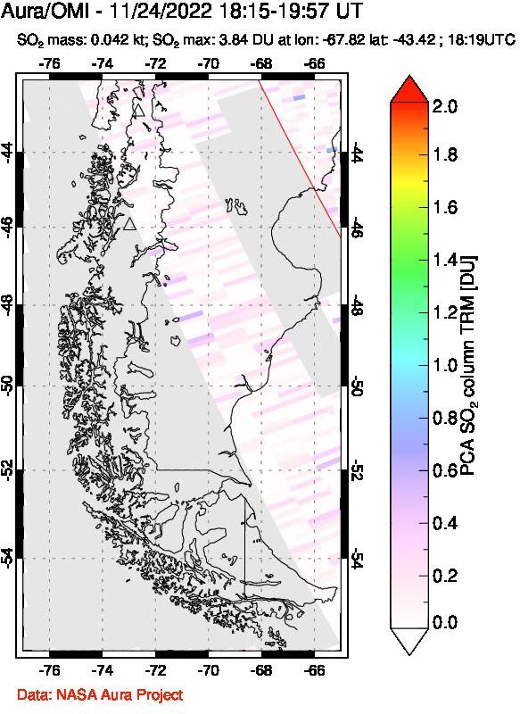 A sulfur dioxide image over Southern Chile on Nov 24, 2022.