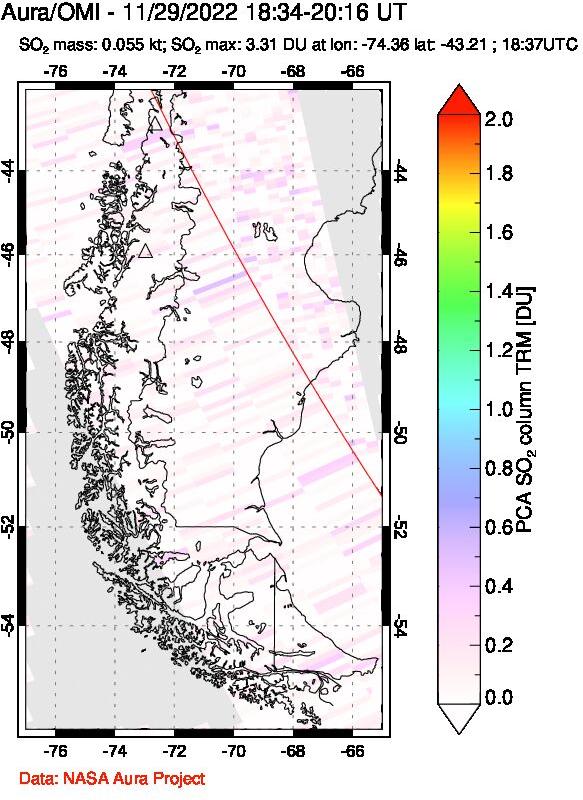 A sulfur dioxide image over Southern Chile on Nov 29, 2022.