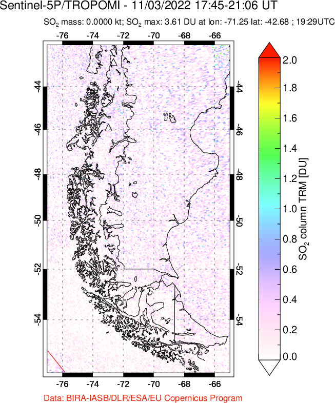 A sulfur dioxide image over Southern Chile on Nov 03, 2022.