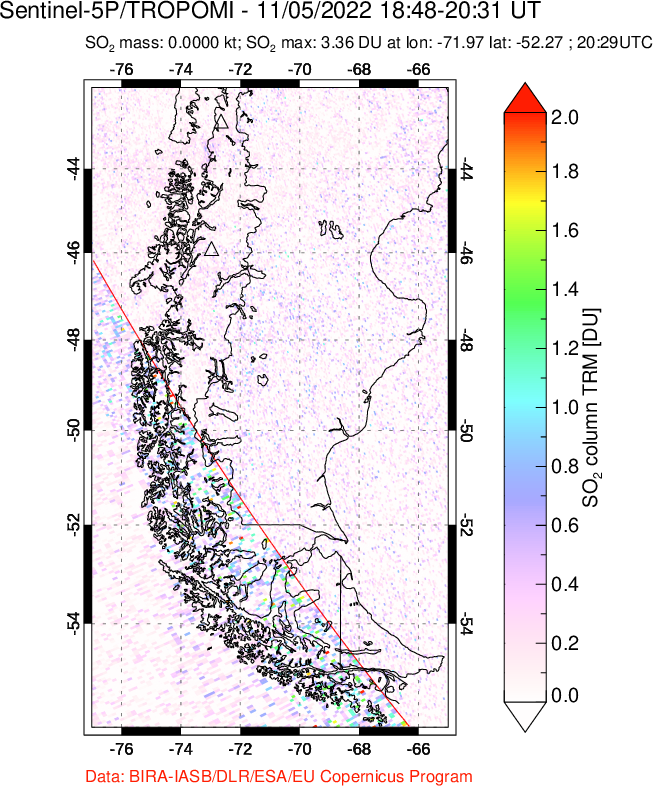 A sulfur dioxide image over Southern Chile on Nov 05, 2022.