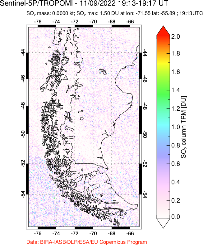 A sulfur dioxide image over Southern Chile on Nov 09, 2022.