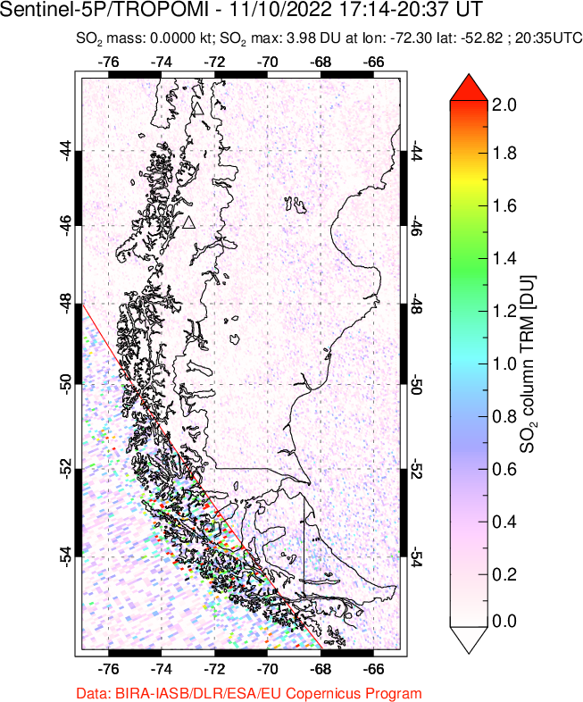A sulfur dioxide image over Southern Chile on Nov 10, 2022.