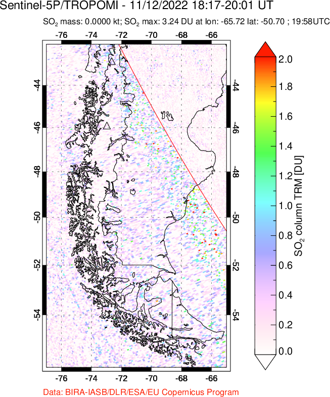 A sulfur dioxide image over Southern Chile on Nov 12, 2022.