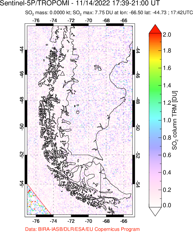 A sulfur dioxide image over Southern Chile on Nov 14, 2022.