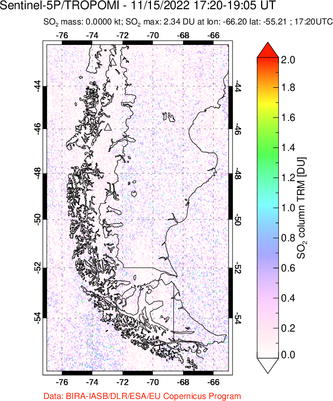 A sulfur dioxide image over Southern Chile on Nov 15, 2022.