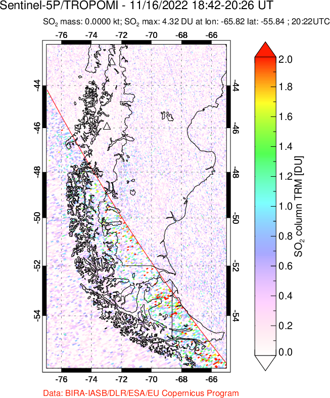 A sulfur dioxide image over Southern Chile on Nov 16, 2022.