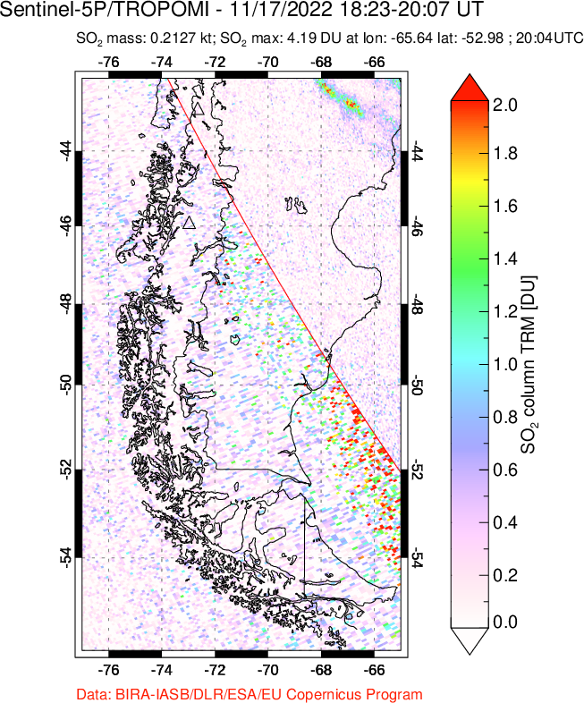 A sulfur dioxide image over Southern Chile on Nov 17, 2022.