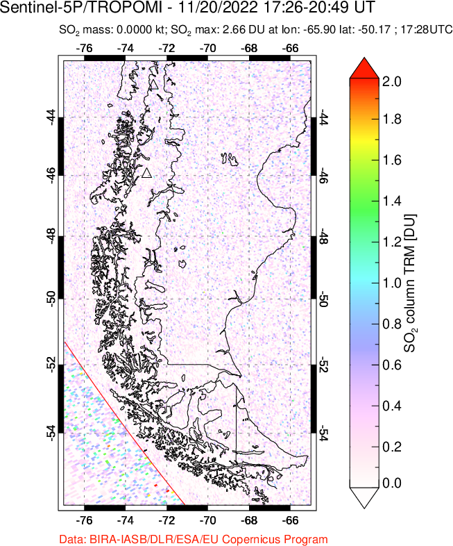 A sulfur dioxide image over Southern Chile on Nov 20, 2022.