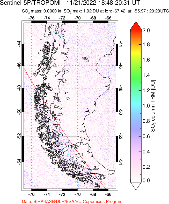 A sulfur dioxide image over Southern Chile on Nov 21, 2022.