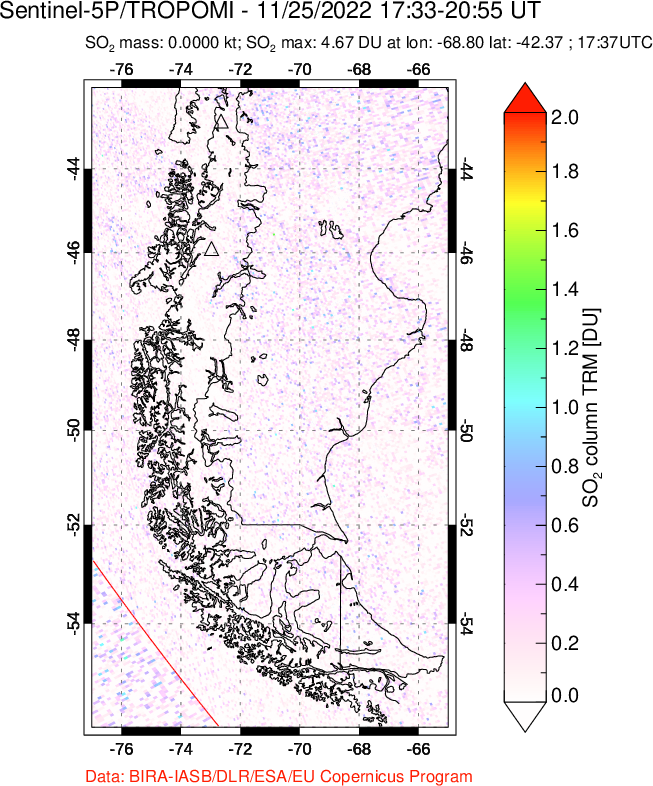 A sulfur dioxide image over Southern Chile on Nov 25, 2022.