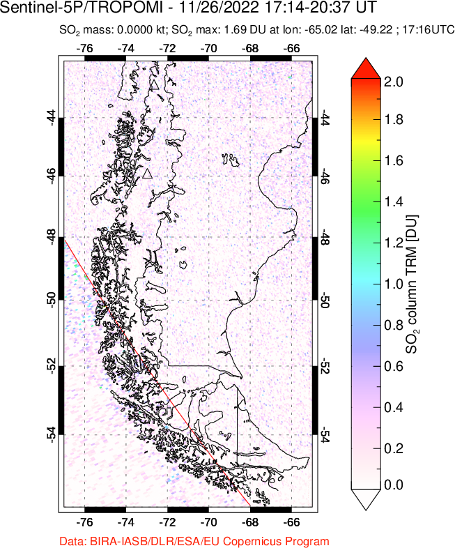 A sulfur dioxide image over Southern Chile on Nov 26, 2022.