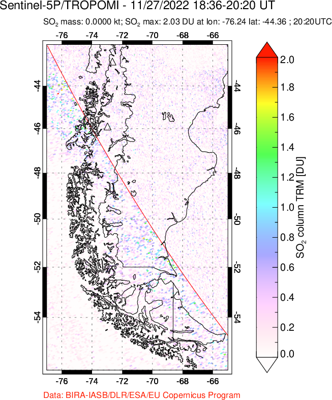 A sulfur dioxide image over Southern Chile on Nov 27, 2022.