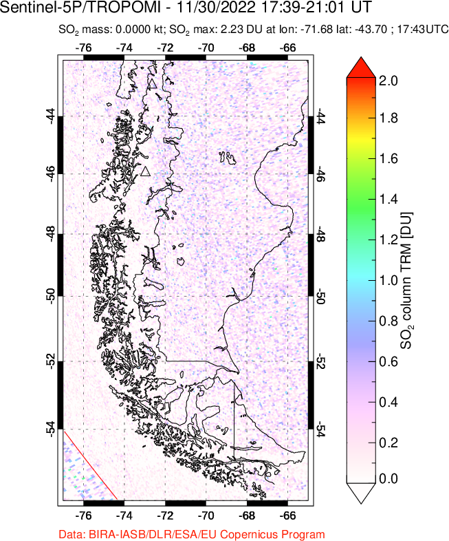 A sulfur dioxide image over Southern Chile on Nov 30, 2022.
