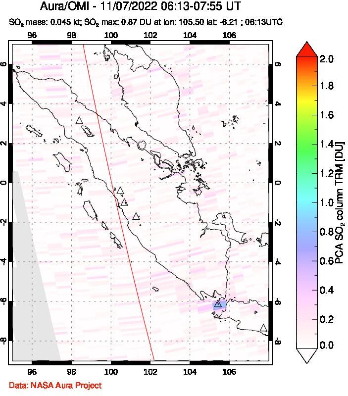 A sulfur dioxide image over Sumatra, Indonesia on Nov 07, 2022.