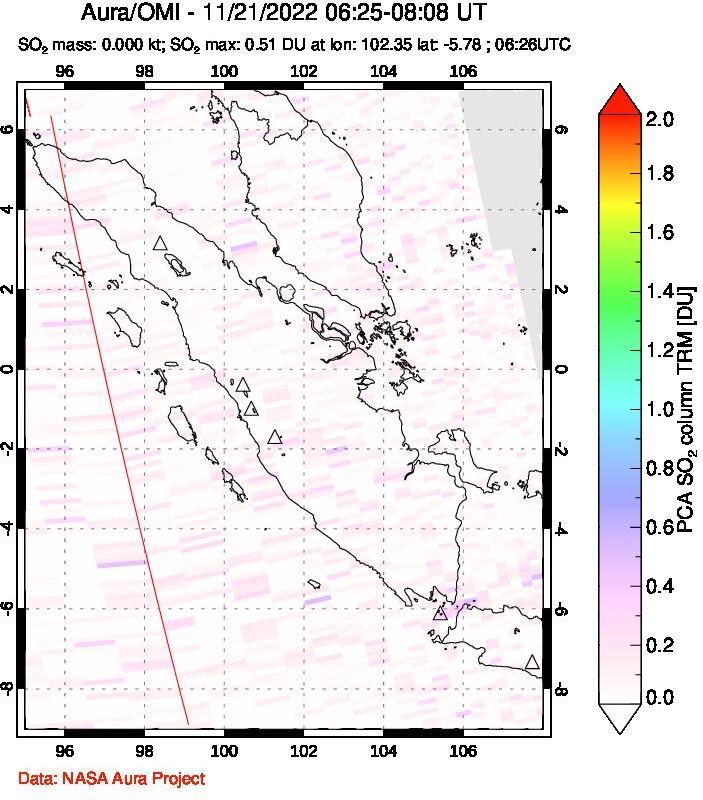 A sulfur dioxide image over Sumatra, Indonesia on Nov 21, 2022.
