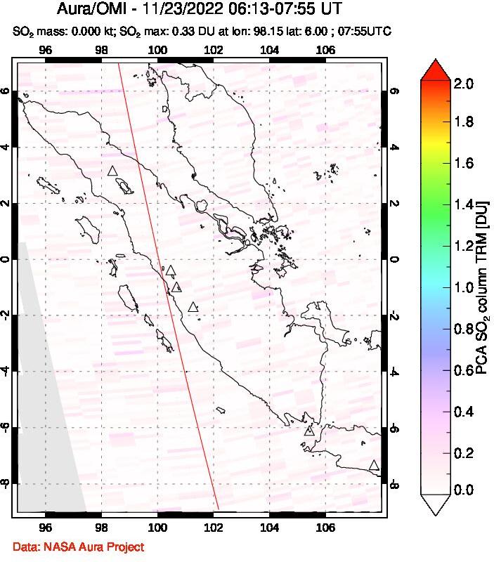 A sulfur dioxide image over Sumatra, Indonesia on Nov 23, 2022.