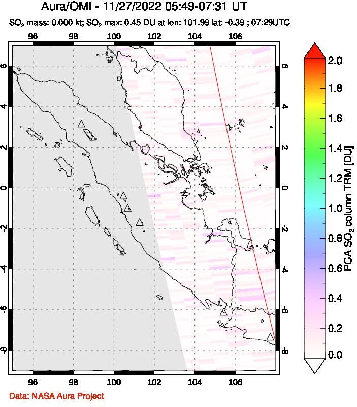A sulfur dioxide image over Sumatra, Indonesia on Nov 27, 2022.