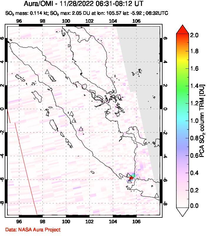 A sulfur dioxide image over Sumatra, Indonesia on Nov 28, 2022.