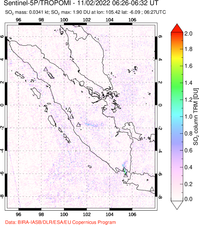 A sulfur dioxide image over Sumatra, Indonesia on Nov 02, 2022.