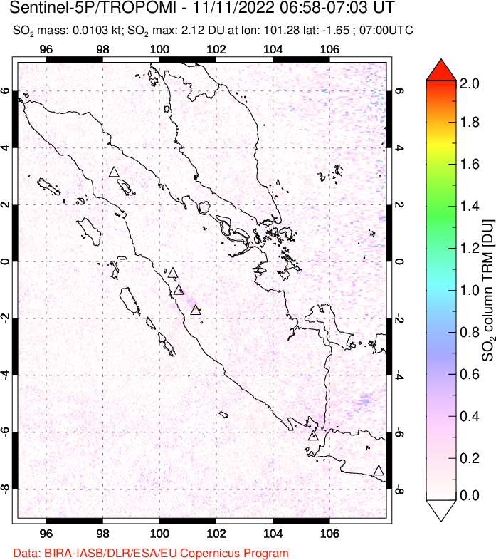 A sulfur dioxide image over Sumatra, Indonesia on Nov 11, 2022.