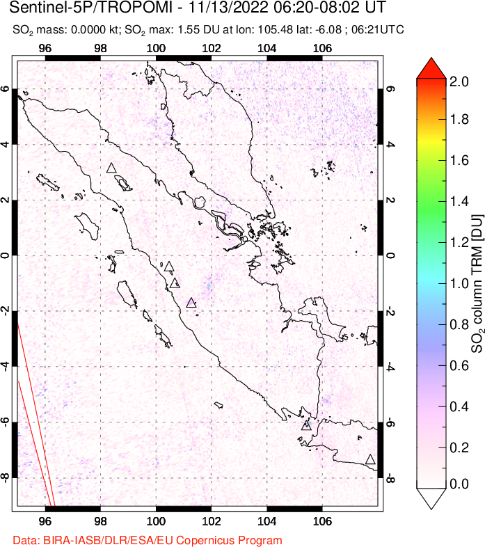 A sulfur dioxide image over Sumatra, Indonesia on Nov 13, 2022.