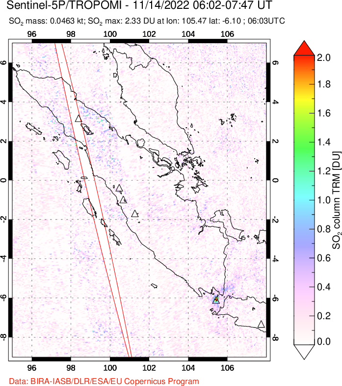 A sulfur dioxide image over Sumatra, Indonesia on Nov 14, 2022.