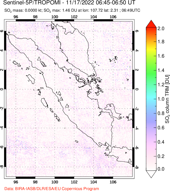 A sulfur dioxide image over Sumatra, Indonesia on Nov 17, 2022.
