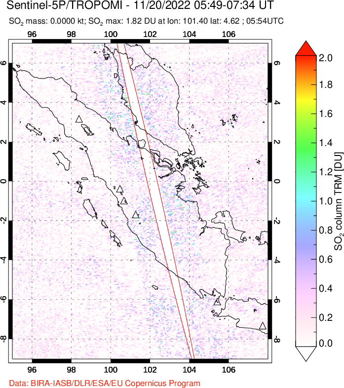 A sulfur dioxide image over Sumatra, Indonesia on Nov 20, 2022.