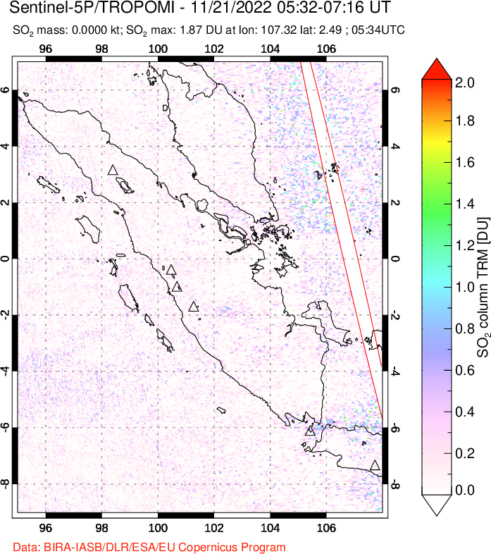 A sulfur dioxide image over Sumatra, Indonesia on Nov 21, 2022.