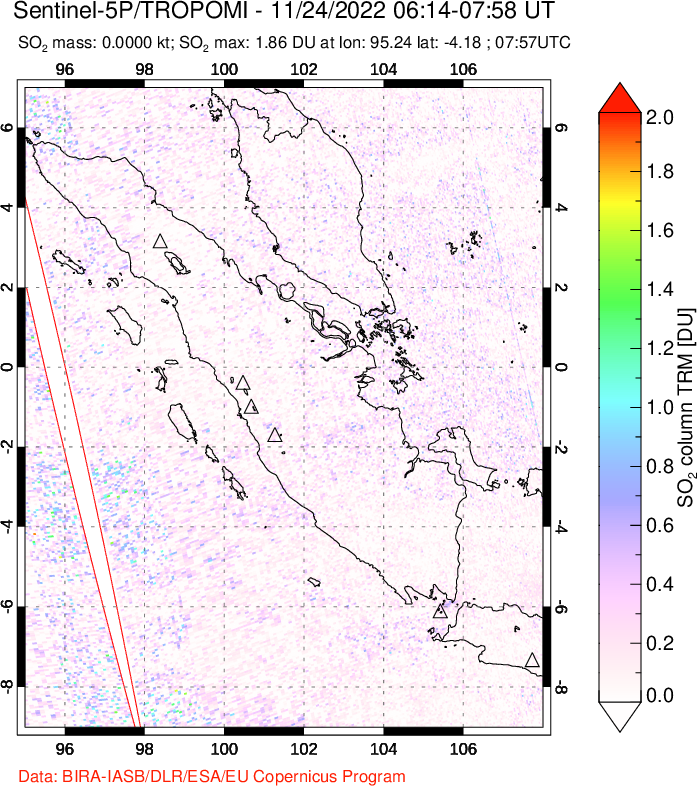 A sulfur dioxide image over Sumatra, Indonesia on Nov 24, 2022.