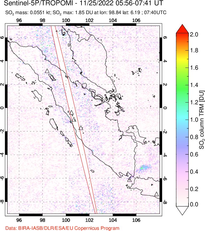 A sulfur dioxide image over Sumatra, Indonesia on Nov 25, 2022.